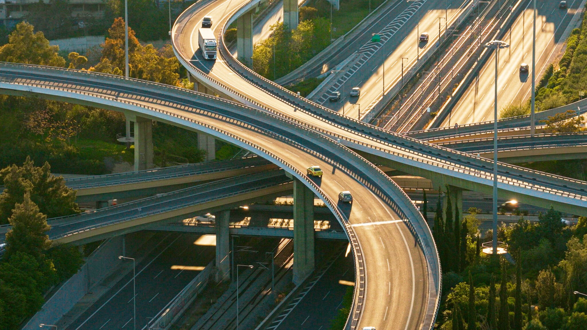 Complex road infrastructure featuring a multi-level highway inte